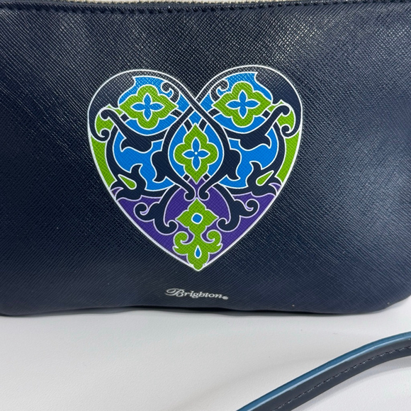 Brighton Black Leather Crossbody Bag Multicolor Heart Art Zip Top Designer Purse - Picture 3 of 8